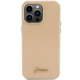 Guess Glitter Glossy Script dėklas iPhone 15 Pro - auksinis