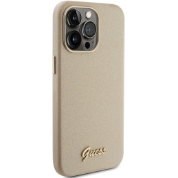 Guess Glitter Glossy Script dėklas iPhone 15 Pro - auksinis