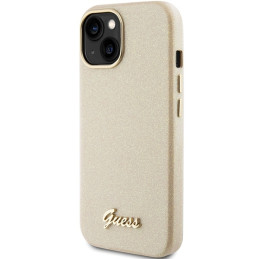 Guess Glitter Glossy Script dėklas iPhone 15 - auksinis
