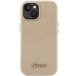 Guess Glitter Glossy Script dėklas iPhone 15 - auksinis