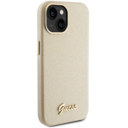 Guess Glitter Glossy Script dėklas iPhone 15 - auksinis