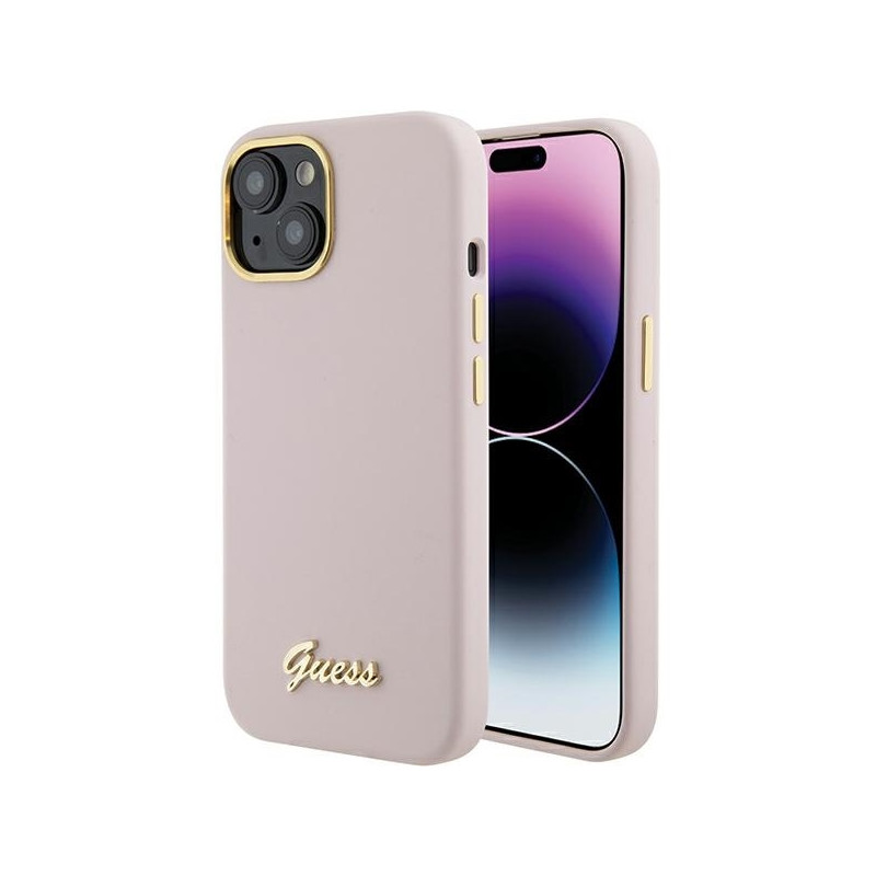 Guess Silicone Script Metal Logo & Frame dėklas iPhone 15 - rožinis
