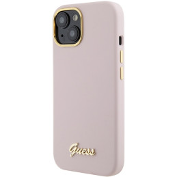 Guess Silicone Script Metal Logo & Frame dėklas iPhone 15 - rožinis