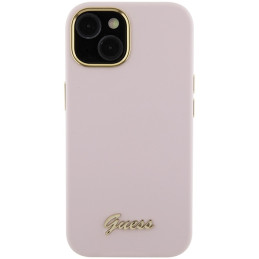 Guess Silicone Script Metal Logo & Frame dėklas iPhone 15 - rožinis