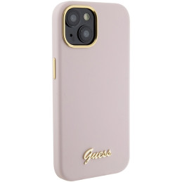 Guess Silicone Script Metal Logo & Frame dėklas iPhone 15 - rožinis