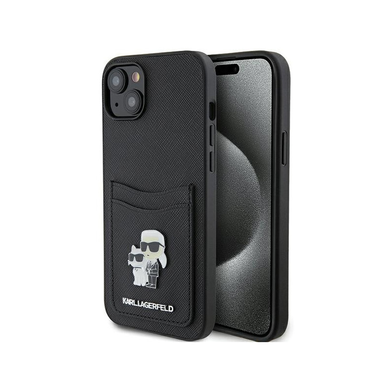 Karl Lagerfeld Saffiano Cardslot Karl&Choupette Metal Pin dėklas iPhone 15 - juodas
