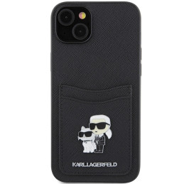 Karl Lagerfeld Saffiano Cardslot Karl&Choupette Metal Pin dėklas iPhone 15 - juodas