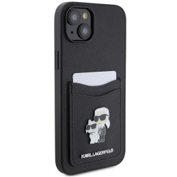 Karl Lagerfeld Saffiano Cardslot Karl&Choupette Metal Pin dėklas iPhone 15 - juodas
