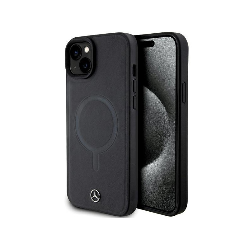 Mercedes Smooth Leather MagSafe dėklas iPhone 15 Plus - juodas