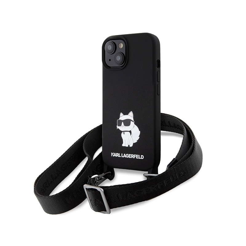 Karl Lagerfeld Crossbody Silicone Choupette dėklas iPhone 15 - juodas