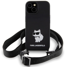 Karl Lagerfeld Crossbody Silicone Choupette dėklas iPhone 15 - juodas