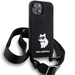 Karl Lagerfeld Crossbody Silicone Choupette dėklas iPhone 15 - juodas