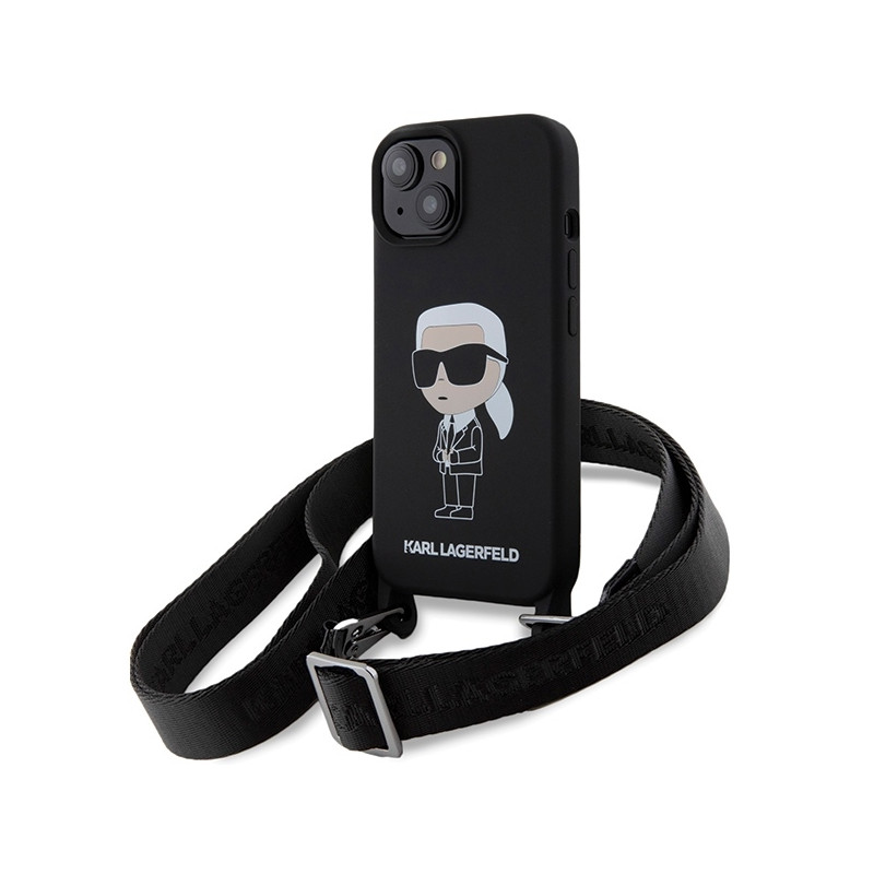 Karl Lagerfeld Crossbody Silicone Ikonik dėklas iPhone 15 - juodas