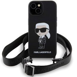 Karl Lagerfeld Crossbody Silicone Ikonik dėklas iPhone 15 - juodas