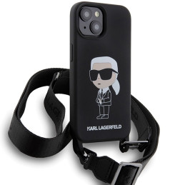 Karl Lagerfeld Crossbody Silicone Ikonik dėklas iPhone 15 - juodas