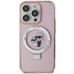 Karl Lagerfeld Ring Stand Karl&Choupette MagSafe dėklas iPhone 15 Pro - rožinis