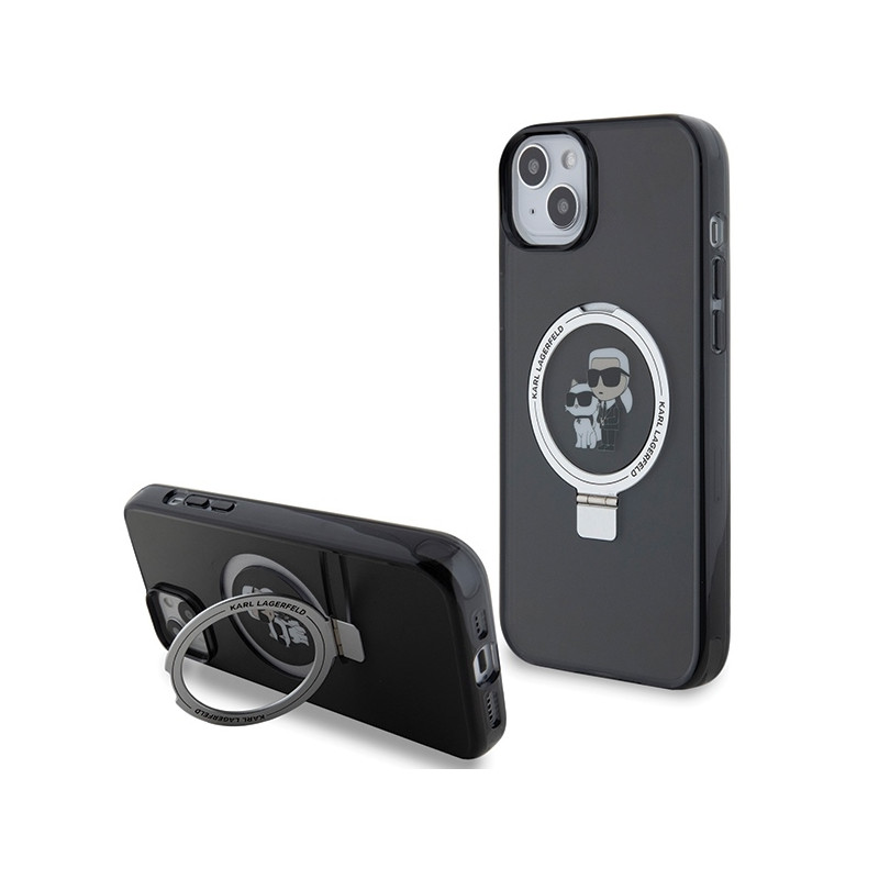 Karl Lagerfeld Ring Stand Karl&Choupette MagSafe dėklas iPhone 15 Plus - juodas