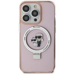 Karl Lagerfeld Ring Stand Karl&Choupette MagSafe dėklas iPhone 15 Plus - rožinis