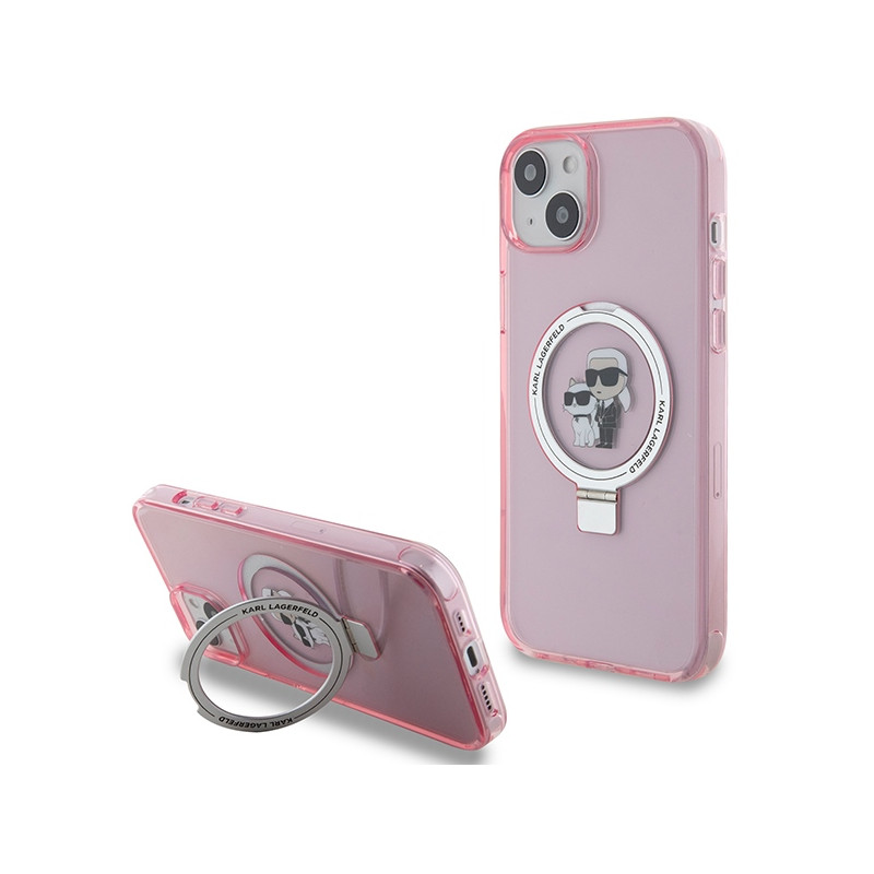 Karl Lagerfeld Ring Stand Karl&Choupette MagSafe dėklas iPhone 15 - rožinis