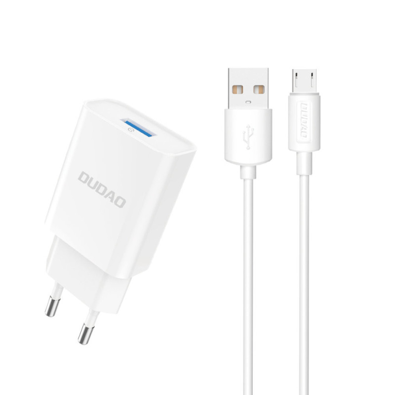 Dudao A4EU USB-A 2.1A sieninis įkroviklis - baltas + USB-A - mikro USB laidas