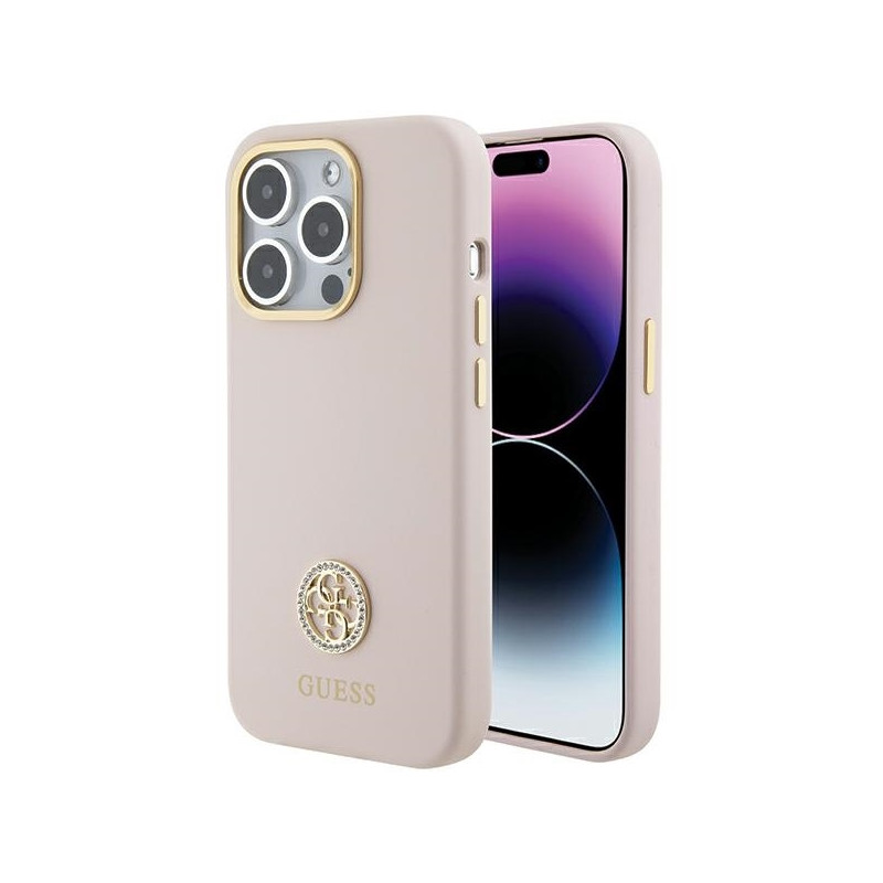 Guess Silicone Logo Strass 4G dėklas iPhone 15 Pro - šviesiai rožinis