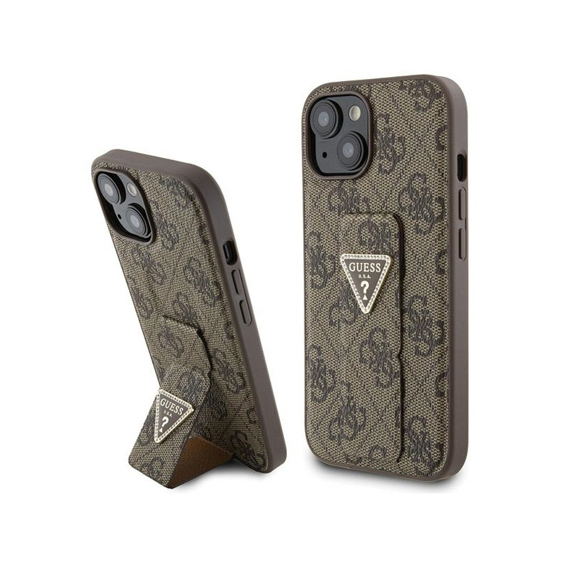 Guess Grip Stand 4G Triangle Strass dėklas iPhone 15 - rudas