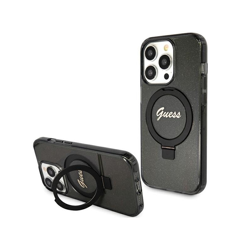 Guess Ring Stand Script Glitter MagSafe dėklas iPhone 15 Pro - juodas