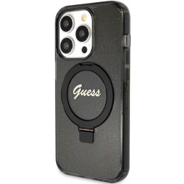 Guess Ring Stand Script Glitter MagSafe dėklas iPhone 15 Pro - juodas