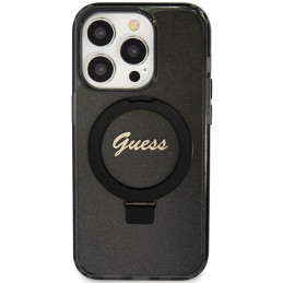 Guess Ring Stand Script Glitter MagSafe dėklas iPhone 15 Pro - juodas