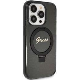 Guess Ring Stand Script Glitter MagSafe dėklas iPhone 15 Pro - juodas