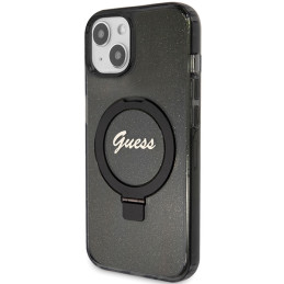 Guess Ring Stand Script Glitter MagSafe dėklas, skirtas iPhone 15 Plus / 14 Plus - juodas