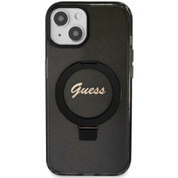 Guess Ring Stand Script Glitter MagSafe dėklas, skirtas iPhone 15 Plus / 14 Plus - juodas