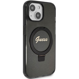 Guess Ring Stand Script Glitter MagSafe dėklas, skirtas iPhone 15 Plus / 14 Plus - juodas