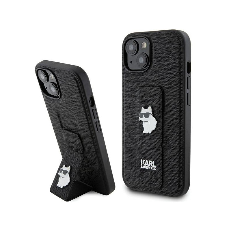 Karl Lagerfeld Gripstand Saffiano Choupette Pins dėklas, skirtas iPhone 15 Plus / 14 Plus - juodas