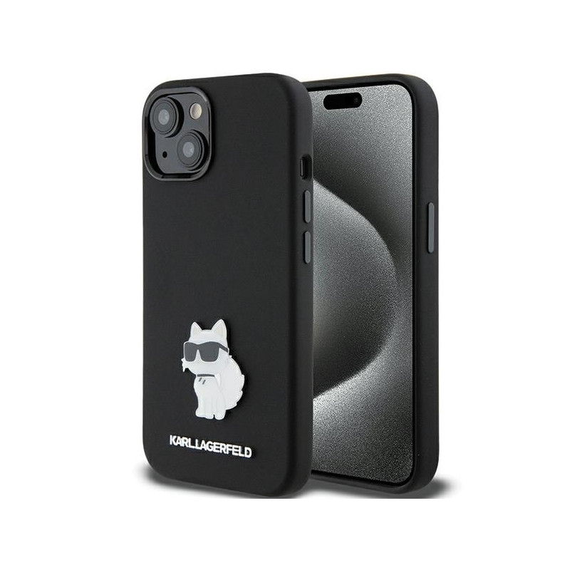 Karl Lagerfeld Silicone Choupette Metal Pin dėklas iPhone 15 Plus / 14 Plus - juodas