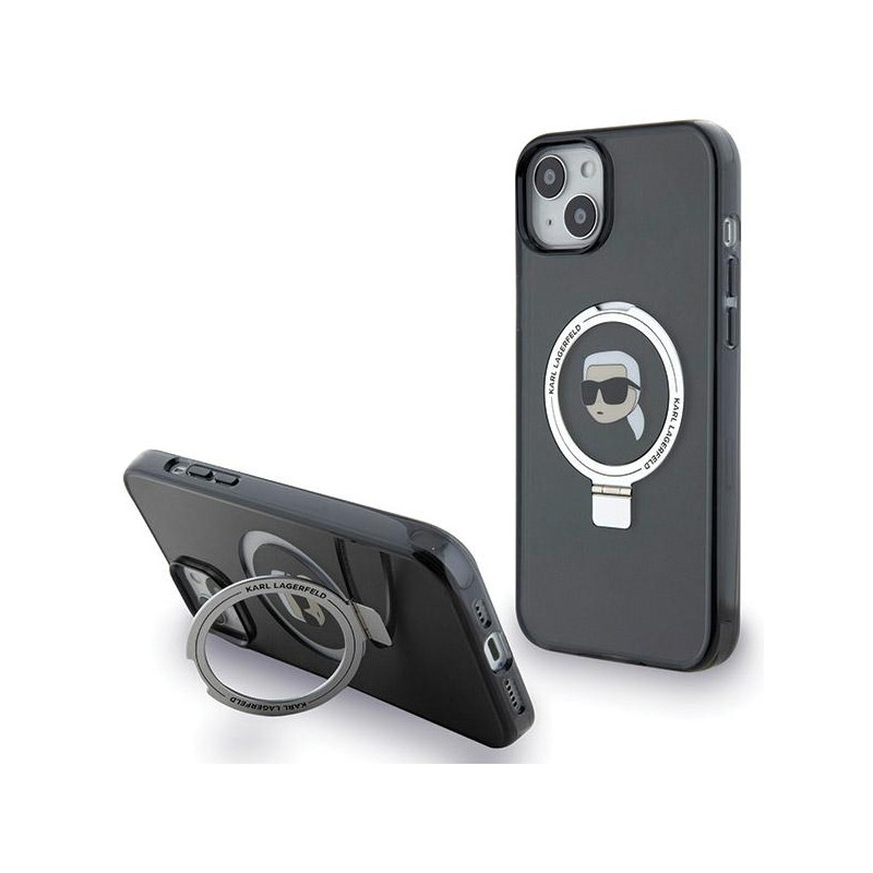 Karl Lagerfeld žiedinis stovas Karl Head MagSafe dėklas, skirtas iPhone 15 Plus / 14 Plus - juodas