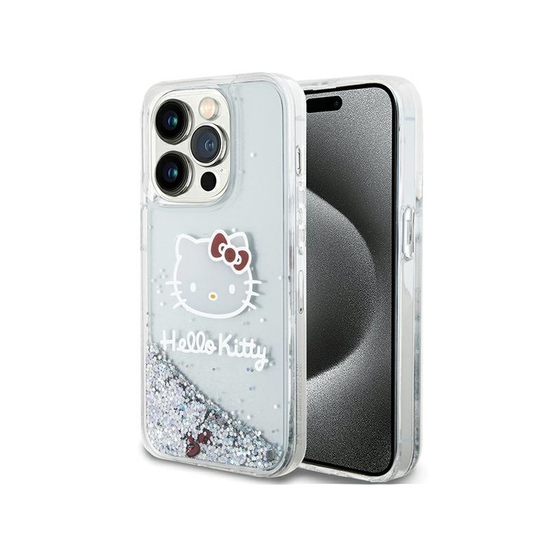 Hello Kitty Liquid Glitter Charms Kitty Head dėklas iPhone 14 Pro - sidabrinis