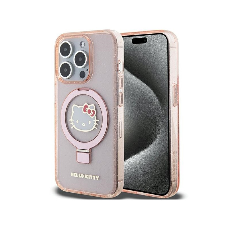 „Hello Kitty“ žiedinis stovas „Blizgantis Electrop Logo MagSafe“ dėklas, skirtas „iPhone 15 Pro“ – rožinis