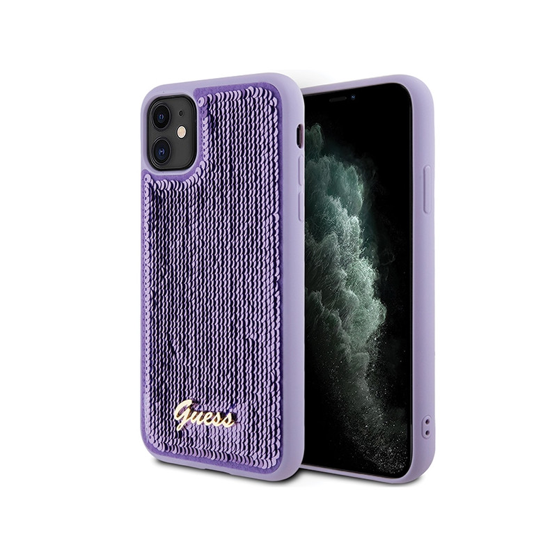 Guess Sequin Script Metalinis dėklas, skirtas iPhone 11 / Xr - violetinė
