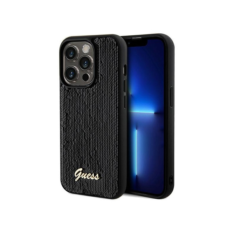 Guess Sequin Script Metalinis dėklas iPhone 14 Pro - juodas