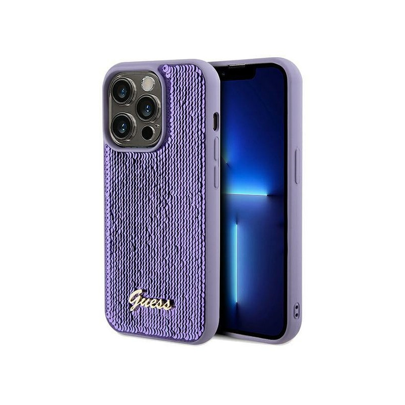Guess Sequin Script Metalinis dėklas iPhone 14 Pro - violetinis