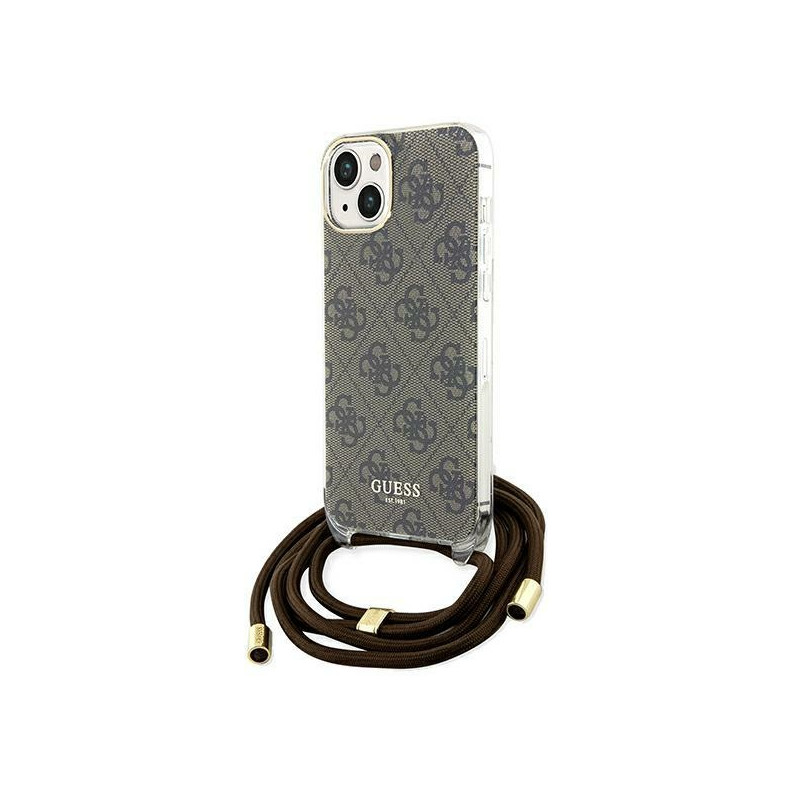 Guess Crossbody Cord 4G Print dėklas, skirtas iPhone 15 / 14 / 13 - rudas