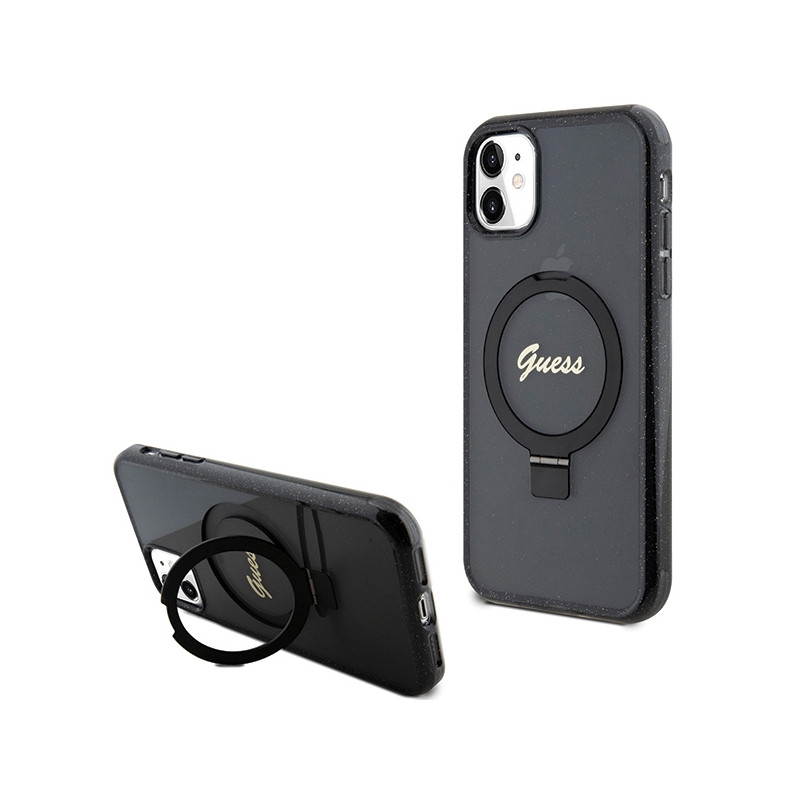 Guess Ring Stand Script Glitter MagSafe dėklas, skirtas iPhone 11 / Xr - juodas