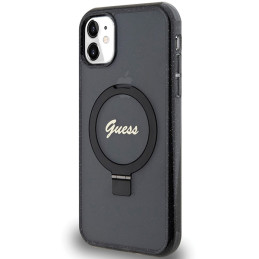 Guess Ring Stand Script Glitter MagSafe dėklas, skirtas iPhone 11 / Xr - juodas