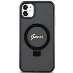 Guess Ring Stand Script Glitter MagSafe dėklas, skirtas iPhone 11 / Xr - juodas