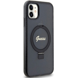 Guess Ring Stand Script Glitter MagSafe dėklas, skirtas iPhone 11 / Xr - juodas