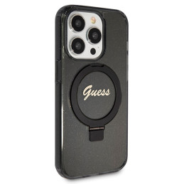 Guess Ring Stand Script Glitter MagSafe dėklas, skirtas iPhone 13 Pro Max - juodas