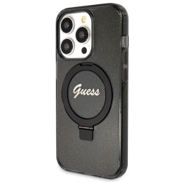 Guess Ring Stand Script Glitter MagSafe dėklas iPhone 14 Pro - juodas