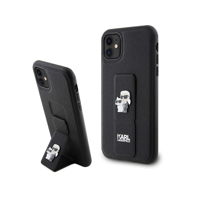 Karl Lagerfeld Gripstand Saffiano Karl&Choupette Pins dėklas, skirtas iPhone 11 / Xr - juodas