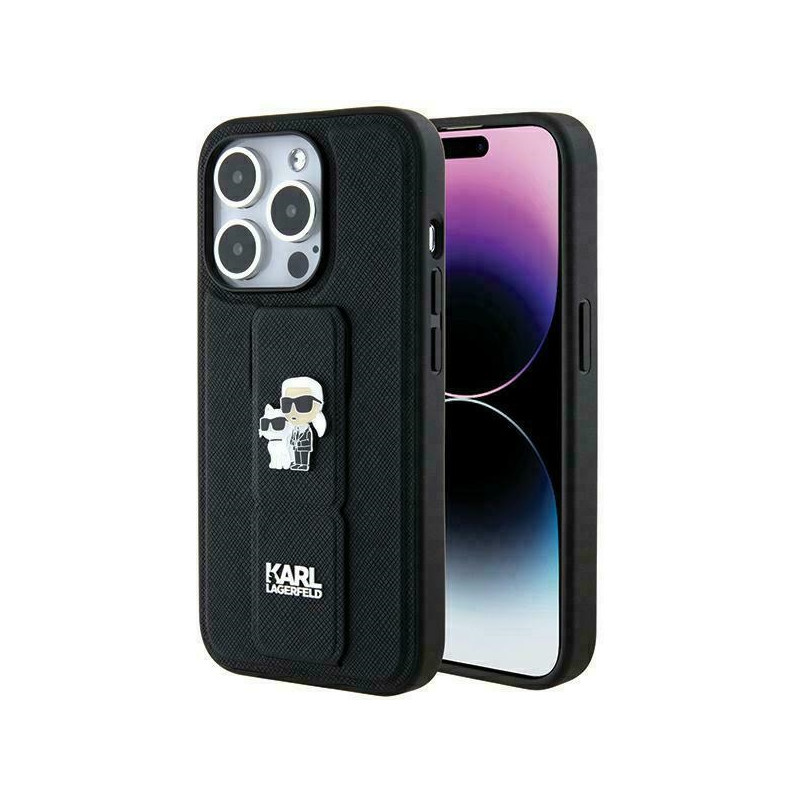 Karl Lagerfeld Gripstand Saffiano Karl&Choupette Pins dėklas, skirtas iPhone 13 Pro Max - juodas